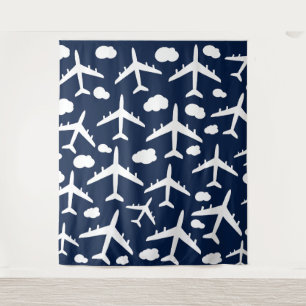 Blue flying airplanes aircraft pattern tapestry
