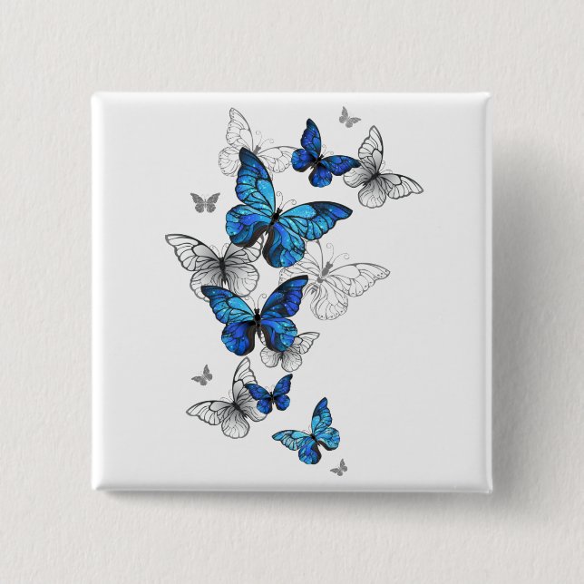 Blue Flying Butterflies Morpho 2 Inch Square Button (Front)