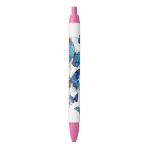 Blue Flying Butterflies Morpho Black Ink Pen