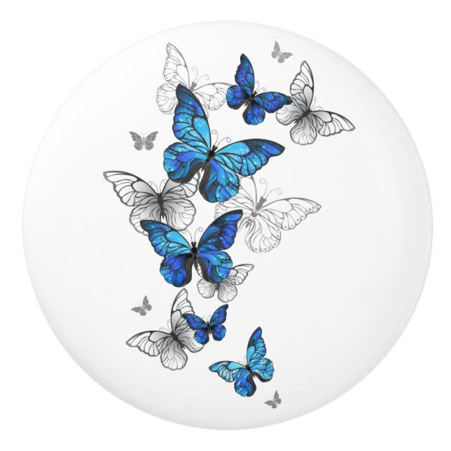 Blue Flying Butterflies Morpho Ceramic Knob (Front)