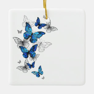 Blue Flying Butterflies Morpho Ceramic Ornament