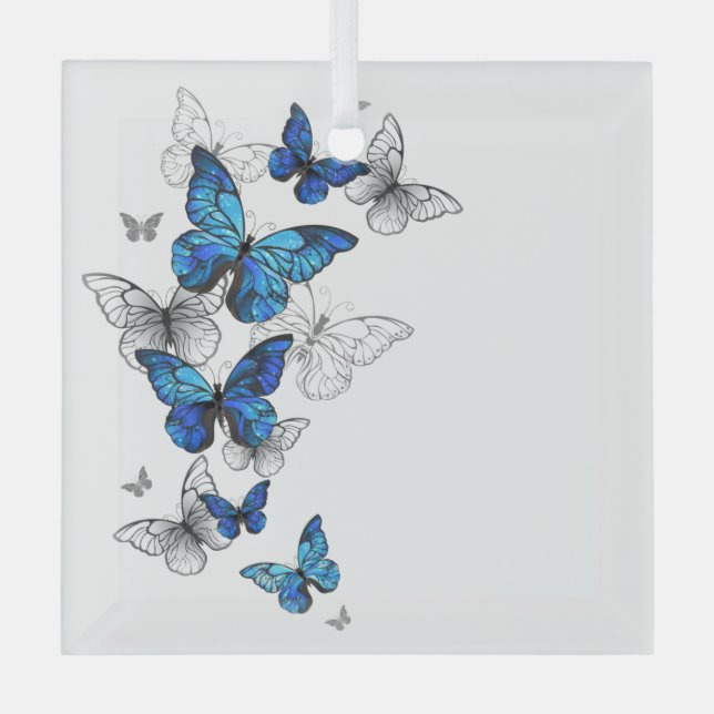 Blue Flying Butterflies Morpho Glass Ornament (Front)