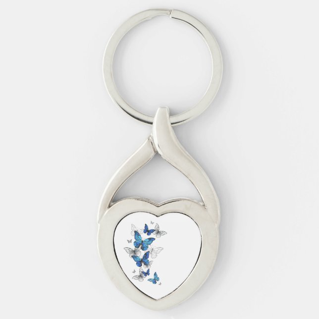 Blue Flying Butterflies Morpho Keychain (Front)
