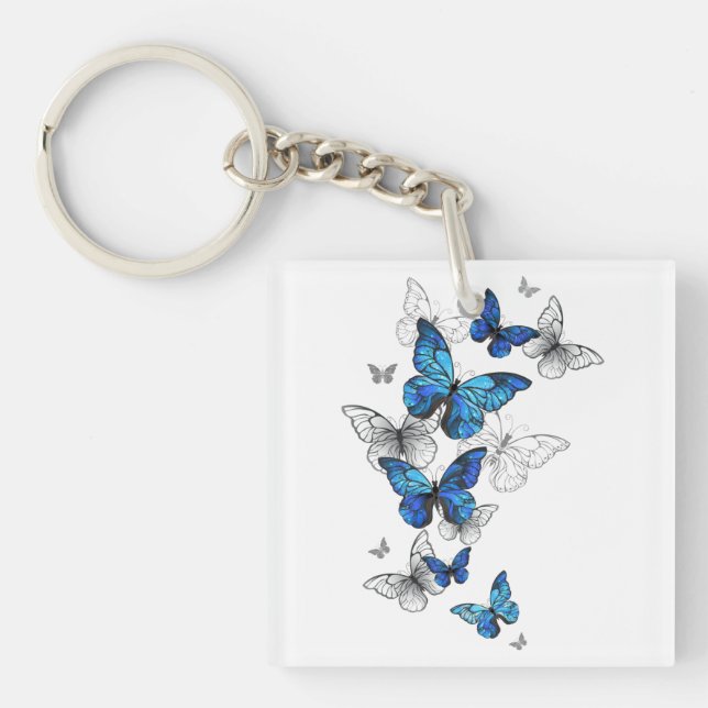 Blue Flying Butterflies Morpho Keychain (Front)