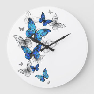 Blue Flying Butterflies Morpho Large Clock