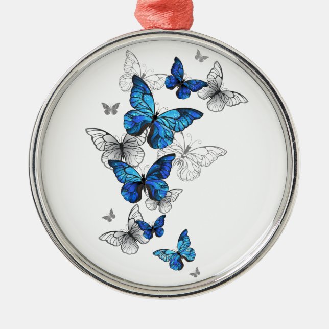 Blue Flying Butterflies Morpho Metal Ornament (Front)