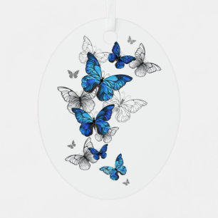 Blue Flying Butterflies Morpho Metal Ornament