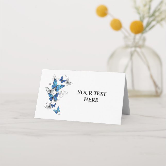 Blue Flying Butterflies Morpho Place Card (Front)