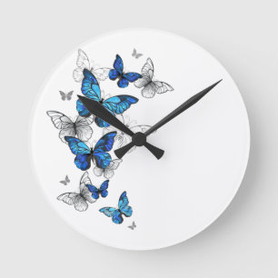 Blue Flying Butterflies Morpho Round Clock