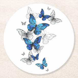 Blue Flying Butterflies Morpho Round Paper Coaster