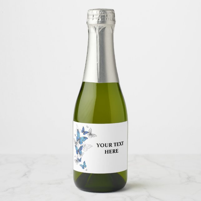 Blue Flying Butterflies Morpho Sparkling Wine Label (Front)