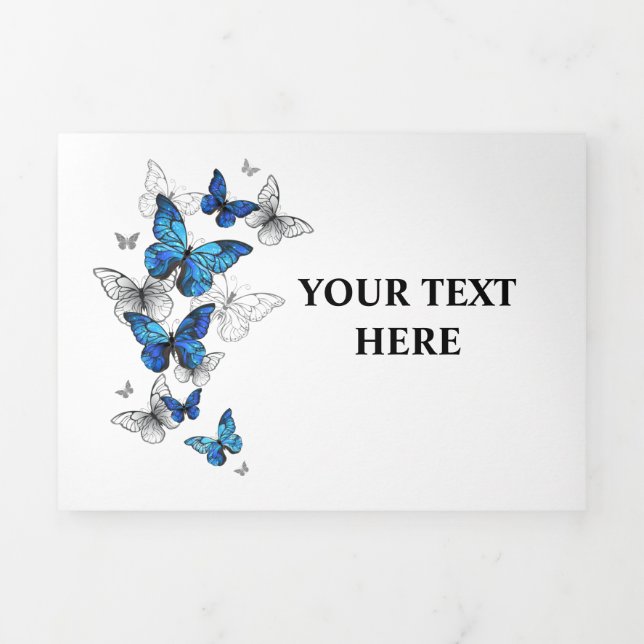 Blue Flying Butterflies Morpho Tri-Fold Invitation (Cover)