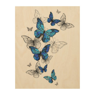 Blue Flying Butterflies Morpho Wood Wall Art