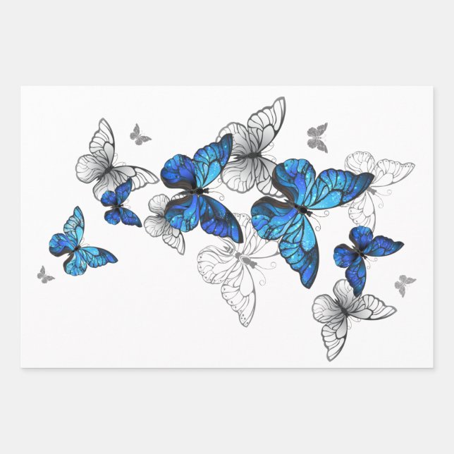 Blue Flying Butterflies Morpho Wrapping Paper Sheet (Front)