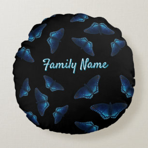 Blue Flying Butterflies Pattern Custom Name Round Pillow