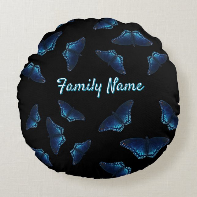 Blue Flying Butterflies Pattern Custom Name Round Pillow (Front)