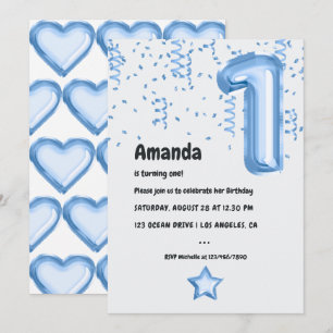 Blue Foil Balloon 1st Birthday Invitation