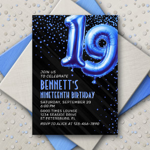 Blue Foil Balloons 19th Birthday Invitation