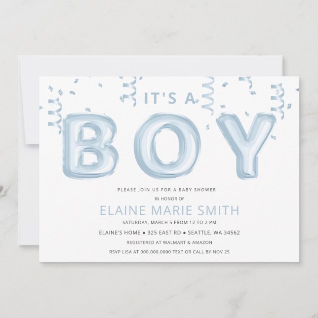 Blue Foil Balloons Confetti Boy Baby Shower Invitation (Front)