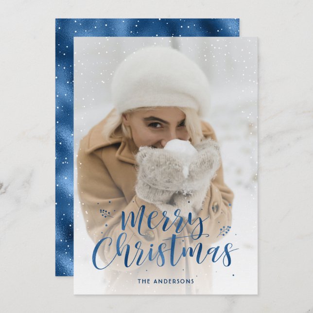 Blue Foil Script Snow Photo Christmas Cards (Front/Back)