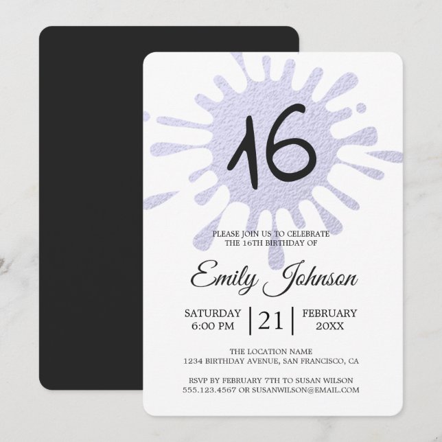 Blue Foil Splash Sweet 16 16th Birthday Party Invitation (Front/Back)