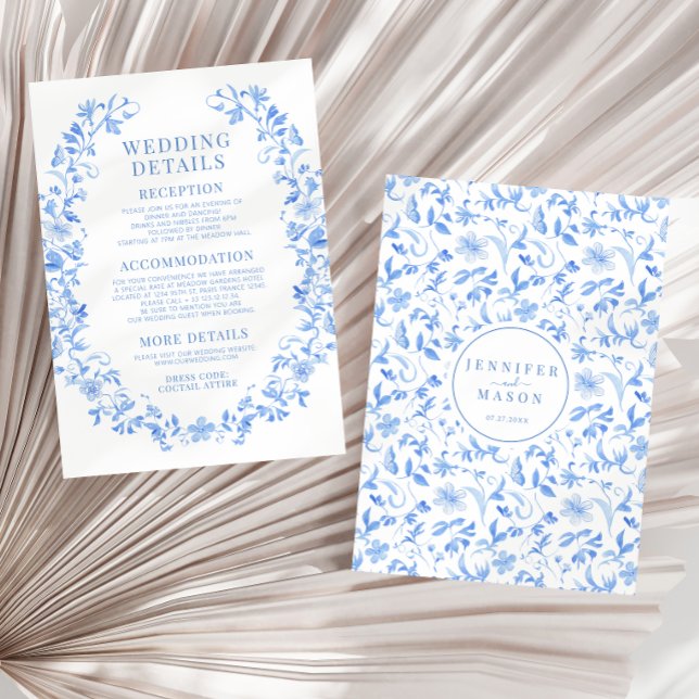 Blue fold floral elegant wedding details Card (Creator Uploaded)