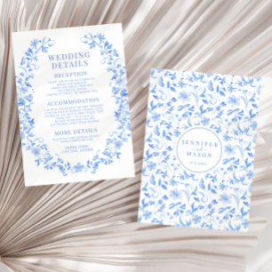 Blue fold floral elegant wedding details Card