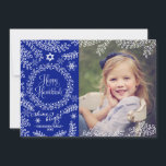 Blue Foliage Hanukkah Photo Card<br><div class="desc">Modern elegant Hanukkah photo cards featuring your favourite photo. Dark blue background with lovely white doodles of winter foliage, snowflakes and a wreath where it reads "Happy Hanukkah" and "shine bright" just under. The backside is made in light blue and white stripes. Personalize it with your family name. Send the...</div>