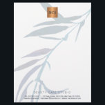 Blue foliage metallic gold copper monogrammed letterhead<br><div class="desc">Simple luxurious glamourous letterhead with hand painted watercolor ocean navy blue laurel leaves branch for business / professional use with monogrammed shiny beige tan copper metallic look geometric square label. Perfect choice for a stylish feminine sophisticated business image. ----- Personalize it with your business name and initials / monogram and...</div>