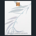 Blue foliage metallic gold copper monogrammed letterhead<br><div class="desc">Simple luxurious glamourous letterhead with hand painted watercolor ocean navy blue laurel leaves branch for business / professional use with monogrammed shiny beige tan copper metallic look geometric square label. Perfect choice for a stylish feminine sophisticated business image. ----- Personalize it with your business name and initials / monogram and...</div>