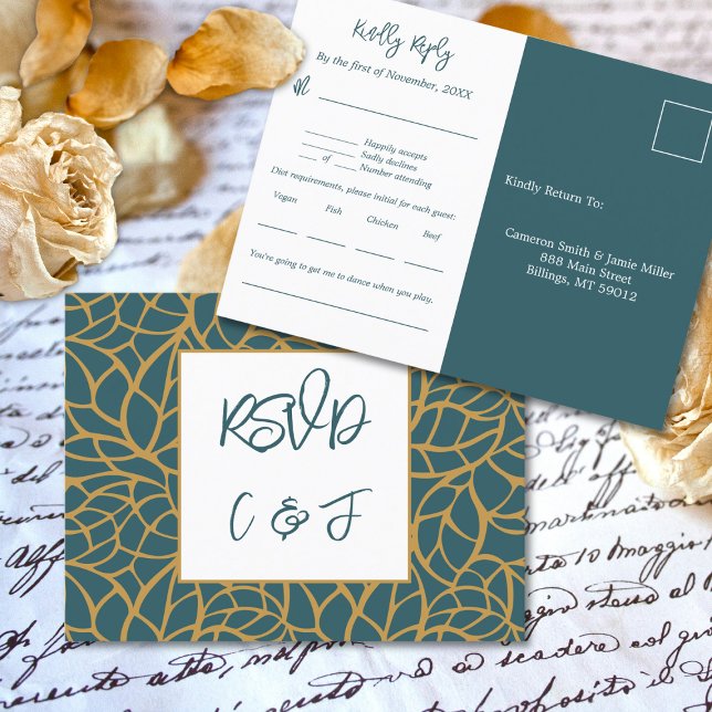 Blue Foliage Pattern Wedding Menu Music RSVP Card  (Blue Foliage Pattern Wedding Menu Music RSVP Card)