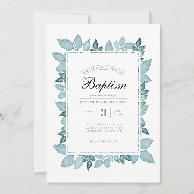 Blue Foliage | Watercolor Baptism Invite (Front)