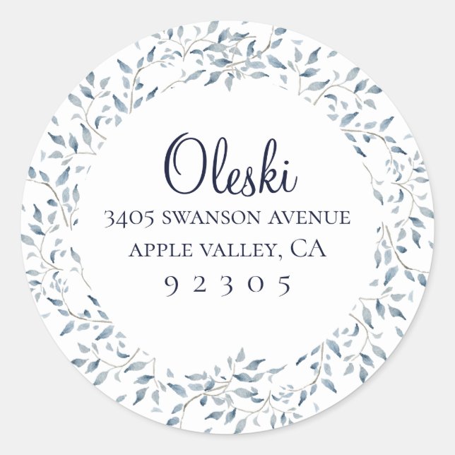 Blue Foliage Wreath Return Address Sticker (Front)