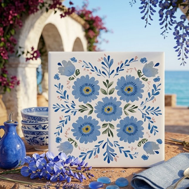 Blue Folk Art Floral Decorative Ceramic Tile (Blue Folk Art Floral Decorative Ceramic Tile)
