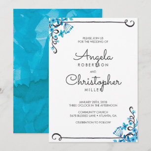 Blue Folk Art Floral Watercolor Wedding Invitation