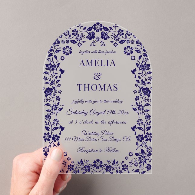 Blue Folk Art Floral Wedding  Acrylic Invitations (Insitu (Handheld))