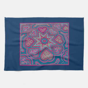 Blue Folk Art Hearts Serviette de cuisine