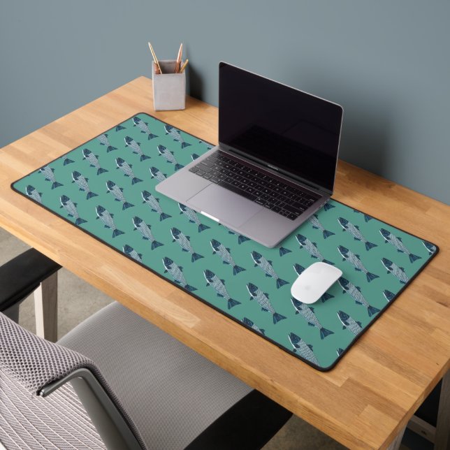 Blue Folk Art Trout/Salmon Desk Mat (Office 2)
