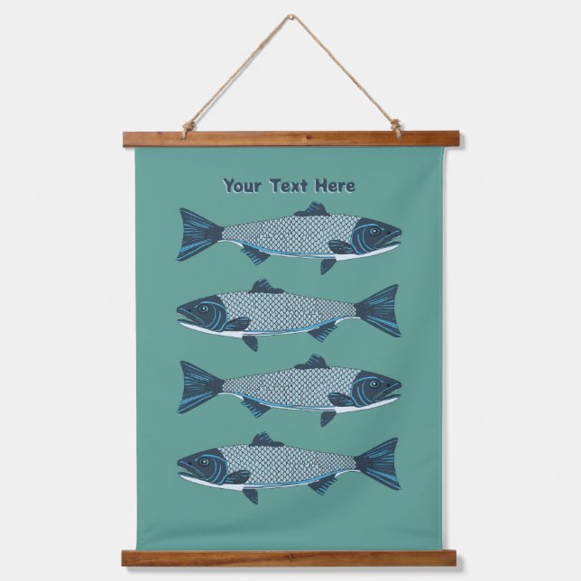 Blue Folk Art Trout/Salmon Hanging Tapestry (Front)