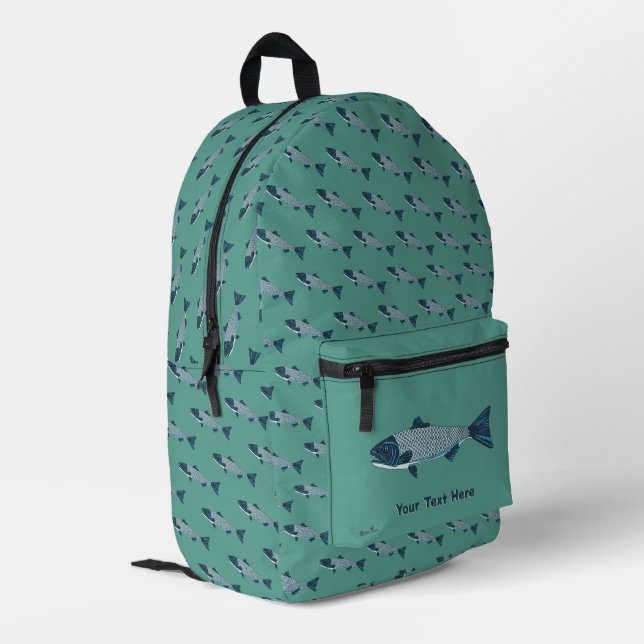 Blue Folk Art Trout/Salmon Printed Backpack (Back Corner Left)