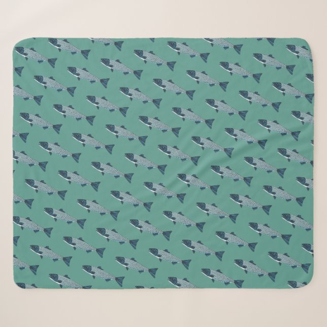 Blue Folk Art Trout/Salmon Sherpa Blanket (Front (Horizontal))