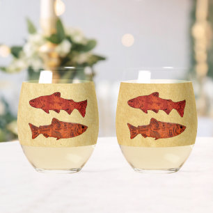 Blue Folk Art Trout/Salmon Stemless Wine Glass