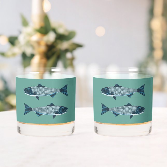 Blue Folk Art Trout/Salmon Whiskey Glass (Insitu (Wedding))