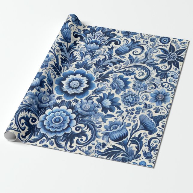 Blue Folk Floral Pattern Wrapping Paper (Unrolled)