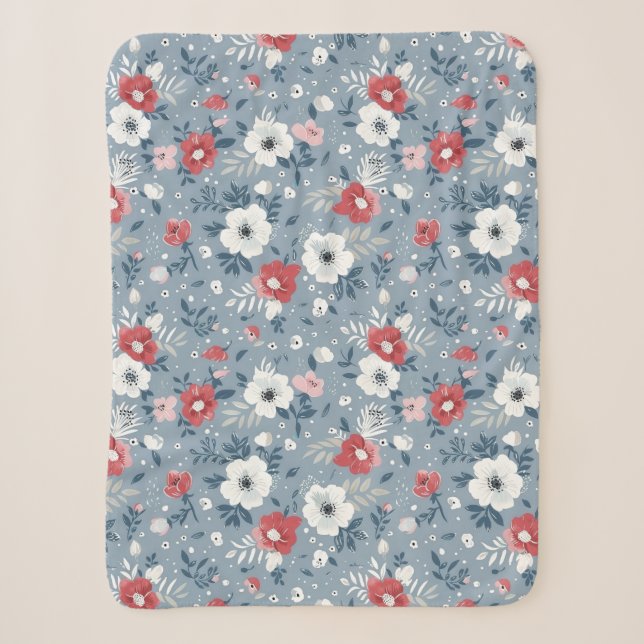 Blue Folk Floral Seamless Pattern Sherpa Blanket (Front)