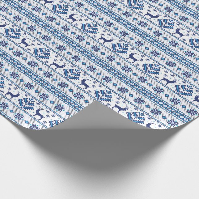 Blue folk motifs ethno ornaments deers Christmas Wrapping Paper (Corner)