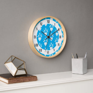 Blue folk Portuguese heart in blossom Clock