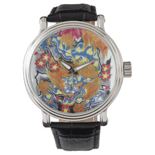 Blue Foo Dog Japanese Tattoo Design Watch
