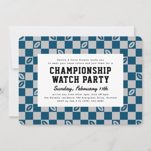 Blue Football Check Championship Game Watch Party Invitation (Front)
