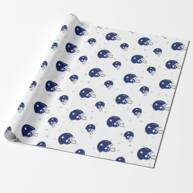 Blue Football Helmet Pattern Kids Wrapping Paper (Unrolled)